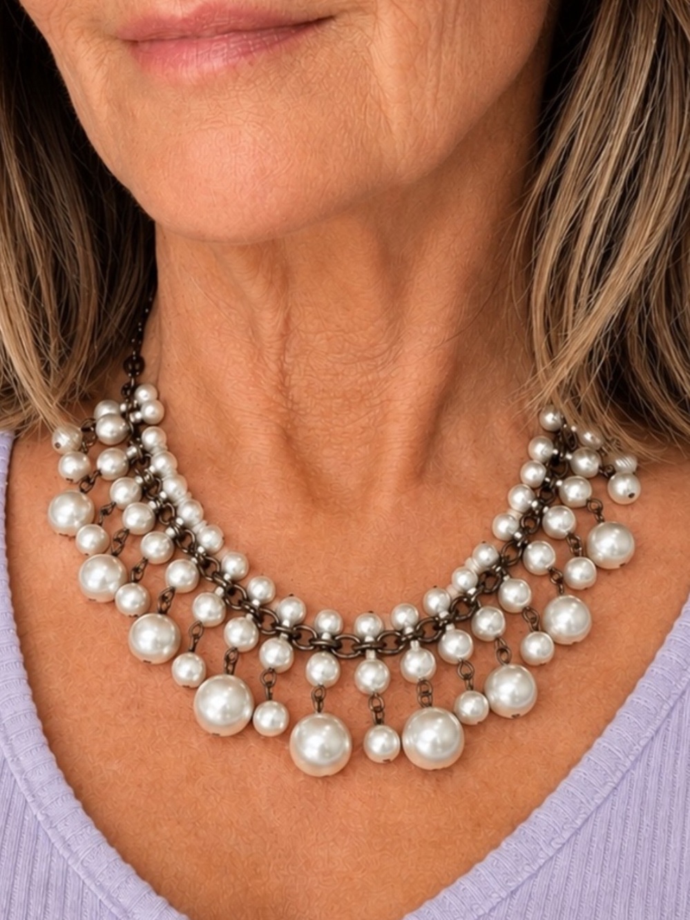Classic Pearl Cluster Statement Necklace - White Pearls